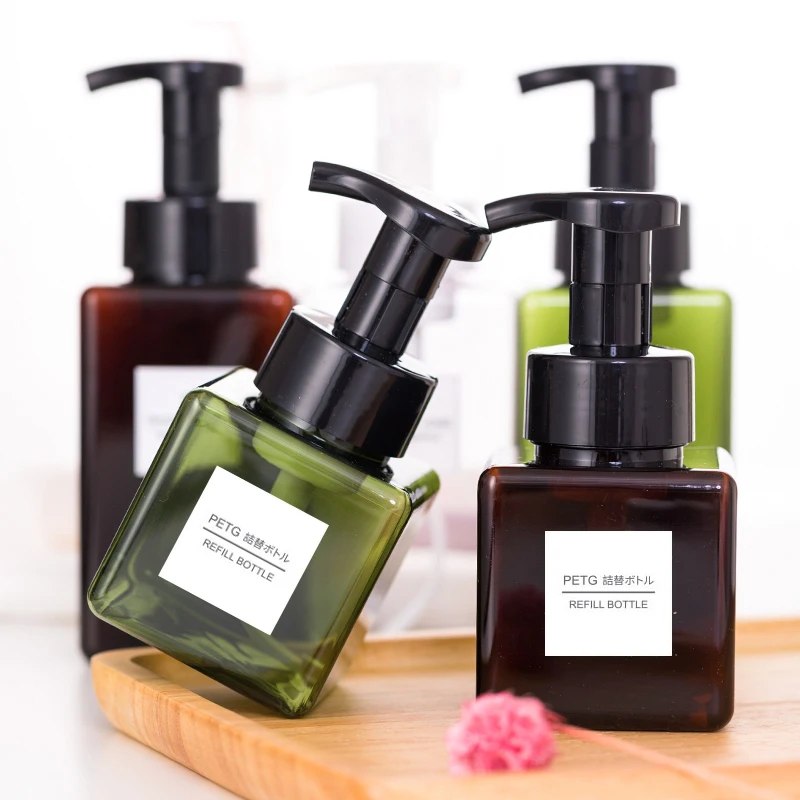 Wholesale 250ml 450ml 650ml Square Green Plastic Foam Bottles with Pump Dispensers for cosmetics