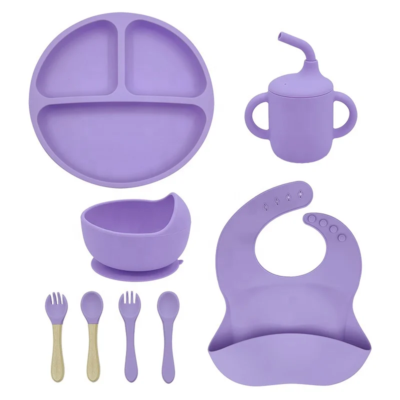 Wholesale BPA Free Silicone Kids Tableware 8pcs Set Infant Complementary Feeding Tool Baby Tableware Sets