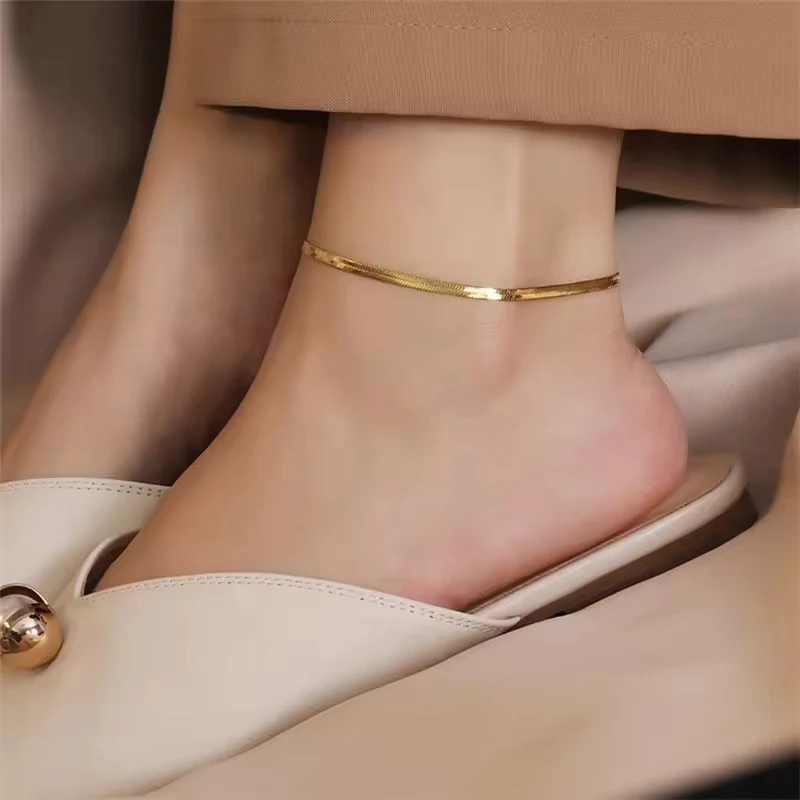 Fashion 18k Gold Plated Stainless Steel Flat Snake Chain Anklet Waterproof Double Layered Anklets For Women Beach Jewelry