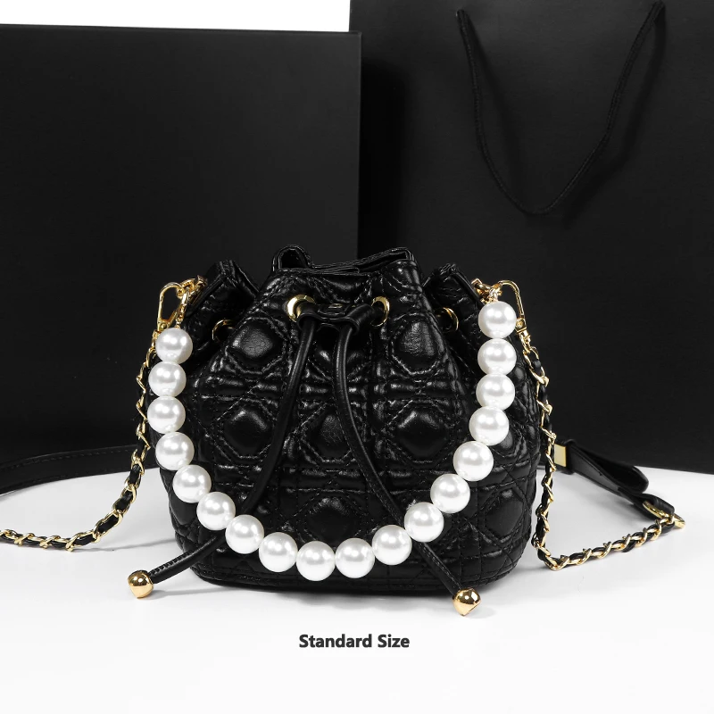Ladies Fashion Customizable PU Leather Diamond Pattern String Bucket Bag with Pearl Chain Crossbody Bag Handbag Brand Luxury