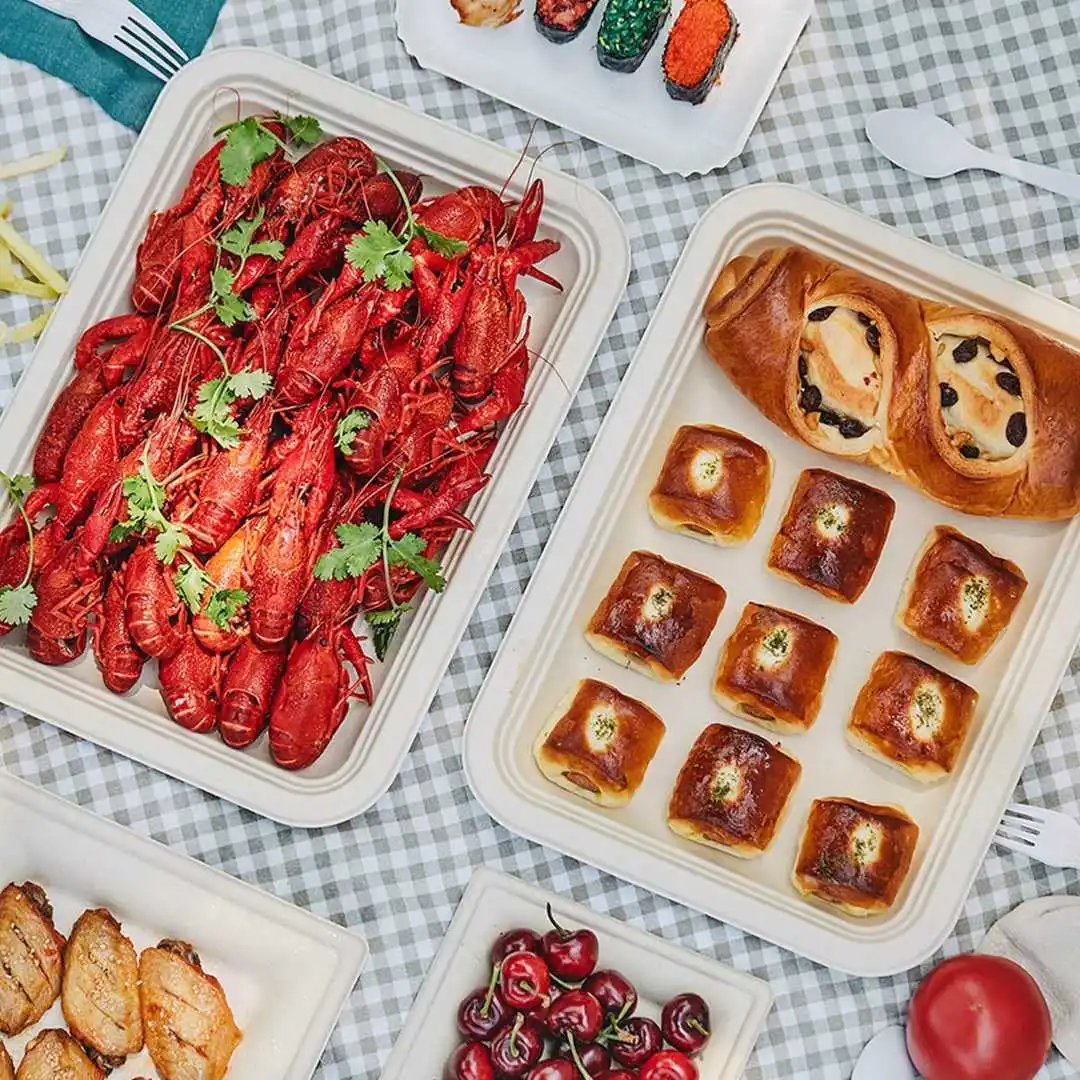 Biodegradable Rectangle Compostable Disposable Bagasse Pulp Sugarcane Plate Food Tray