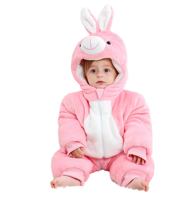 Lvkiss Unisex Baby Romper New Autumn and Winter Animal Flannel Costumes Hooded Cosy Girl Clothes with Knitted Fabric Zipper