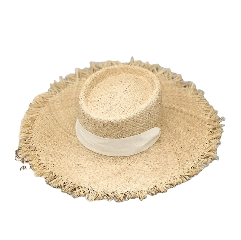 2022 Новое поступление высокое качество Защита от солнца пляжная шляпа 100% с перекрестными шнурками из волокна «раффия» с плоским верхом соломенная шляпа для женщин