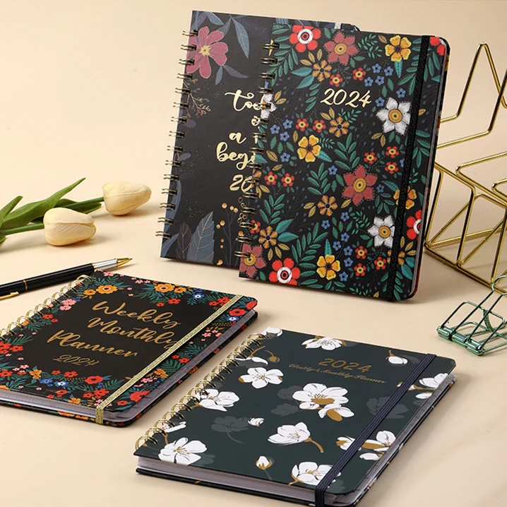 Floral Spiral Planning Notebook Elastic Closure with Inner Pocket 2024 Agenda Book 12 Month Weekly Planner