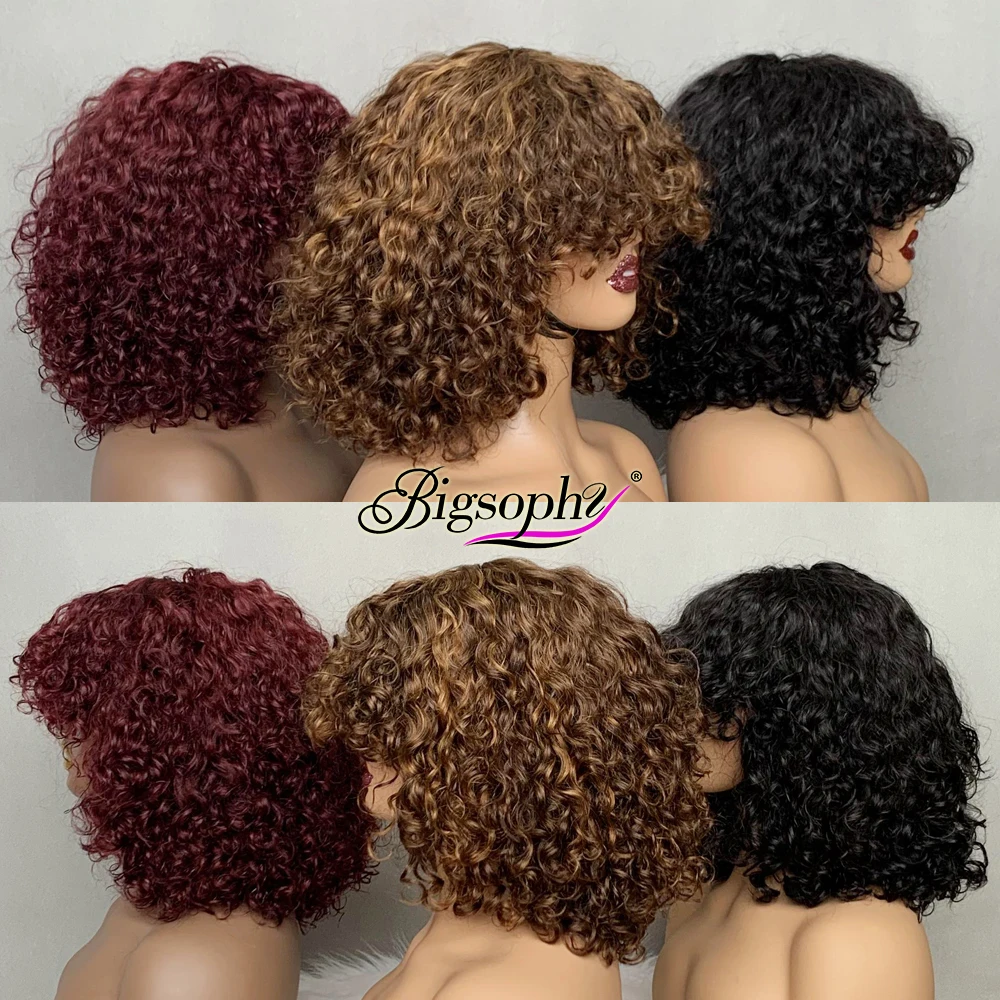 Bobs Wigs Human Hair,Wigs Short Hair,SDD 12 Inch Color #350 Luxury Curl Glueless Human Hair Wig With Bang
