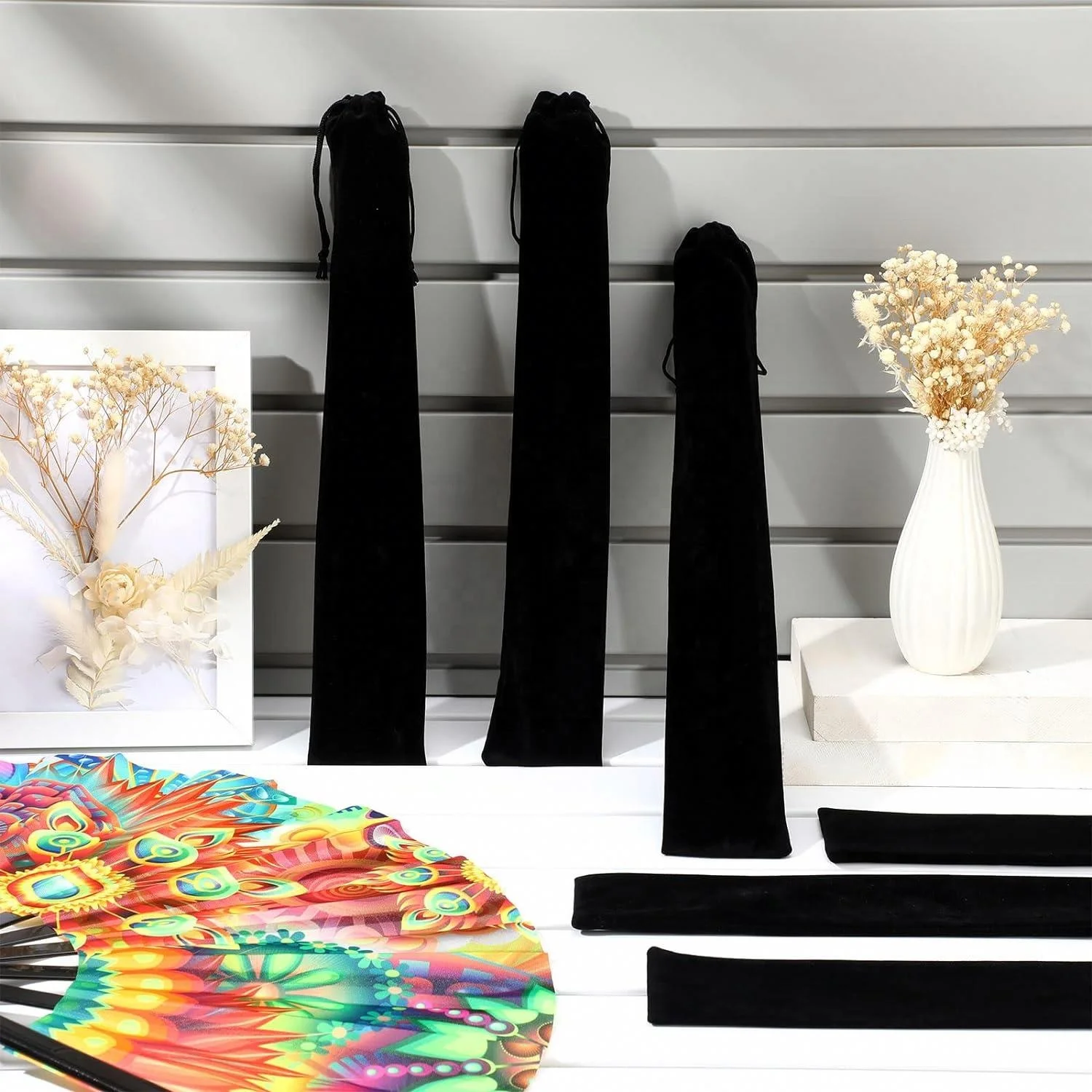 Large Velvet Folding Hand Fan Bag With Drawstring 14.57 X 2.76 In Black Fabric Sleeve Hand Fan Protector Gift Wrap Bags Gift