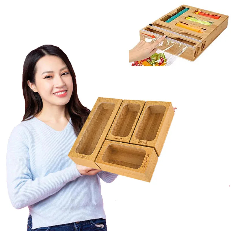 Black New Arrival Design 5 Pieces Modern Bamboo Small Ziplock Bag Storage Organizer And Dispenser For Drawer