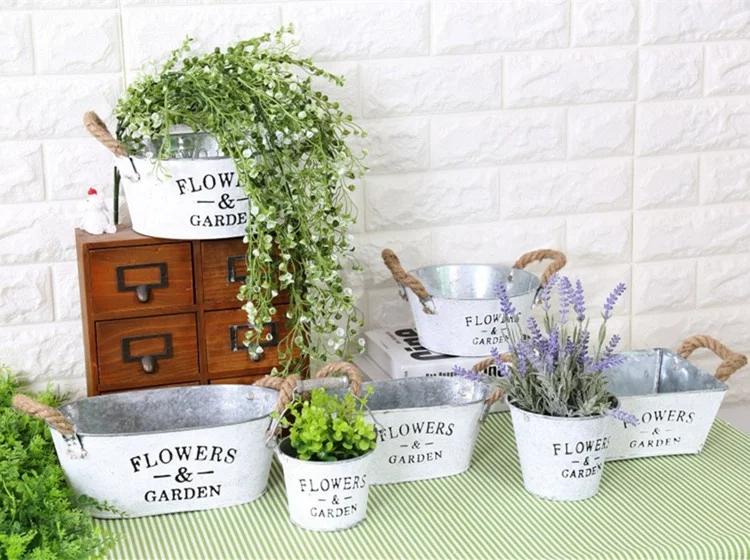 Pastoral Iron Hemp Rope Handle Hanging Bucket Indoor  Decoration Retro Flower Pots in Bulk