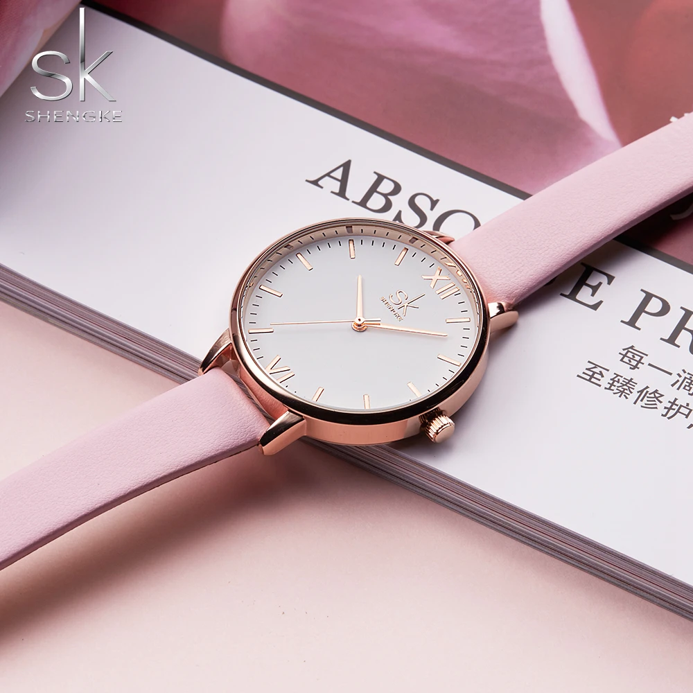 SK SHENGKE K0039 Ladies Leather Band Wristwatches Marbling Dial Design Personalized Quartz Women Watches