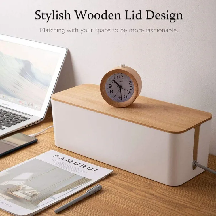 Home Cord Power Stripe Surge Protector Wire Cover Hider Plastic Large Storage Cable Management Box With Bamboo Lid For Desks
