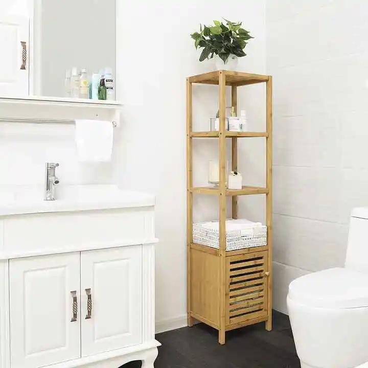 Bamboo Toilet Storage Shelf Bathroom 3 Tier Tower Organizer Rack Shelves Household Essentials With Tilt-Out Laundry Basket