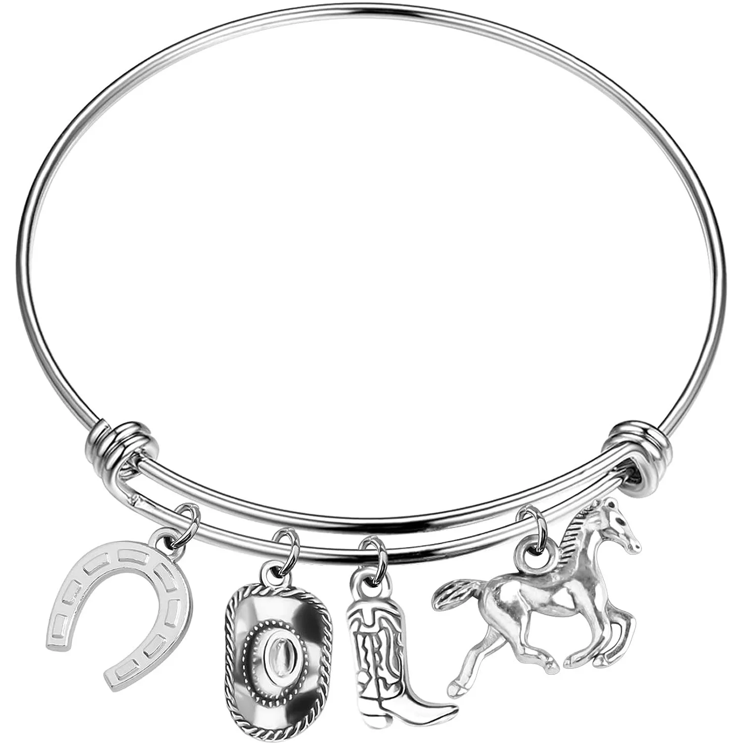 Manufacturer Stainless Steel Horseshoe Charm Stacking Expandable Wire Bracelet Cowboy Boots Hat Horse Pendant Adjustable Bangle