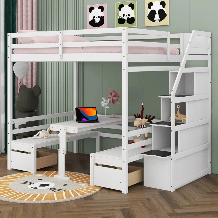Modern Panel Wood Style 2-Drawer Full over Full Loft Bed with Built-In-Desk Wooden Beds