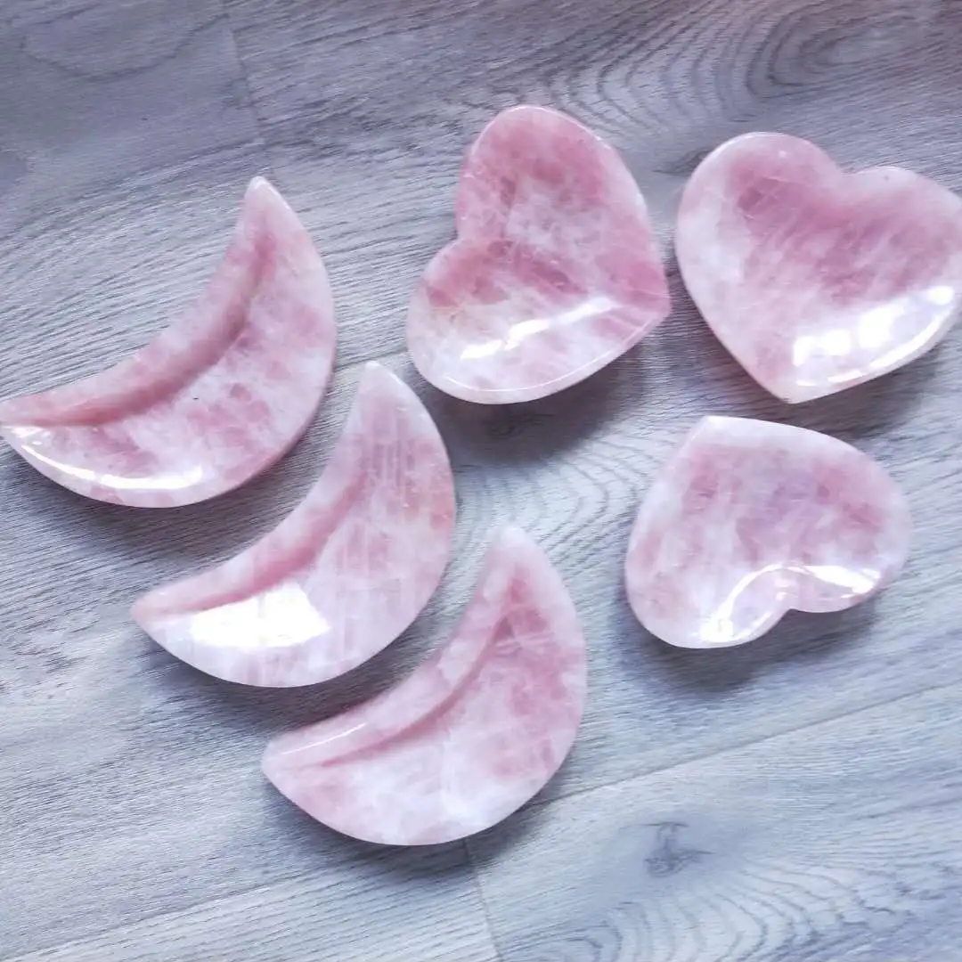 Customized Natural Polished Crystal Rose Quartz Heart and Moon Shaped Pink Bowl Fengshui Ashtray For Decoration