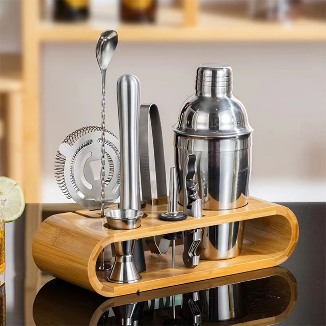 Amazon hot selling 304 Metal Bar Tools Bartender Kit Stainless Steel Cocktail Shaker Set With Bamboo Stand