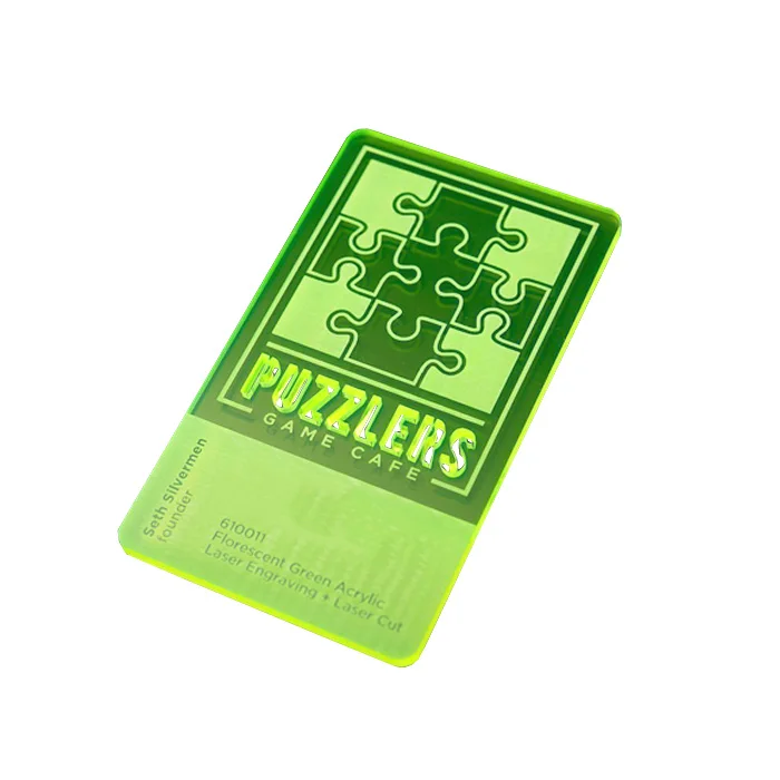 Fluorescent Green Acrylic Business Cards With Puzzles Design Laser Cut Engraving Acrylic Business Card Template