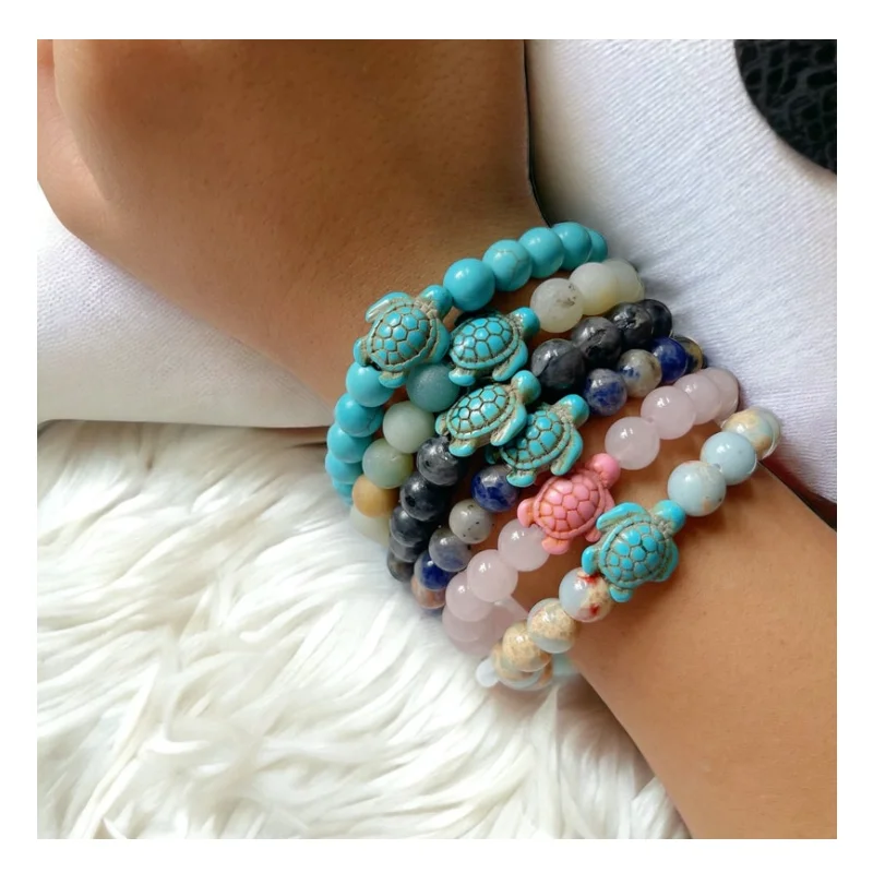 Sea Turtle Boho Bracelet With Rose Quartz Beads Cut Jewelry Turquoise Lava Stone Elastic Bracelet Best Friend Gift