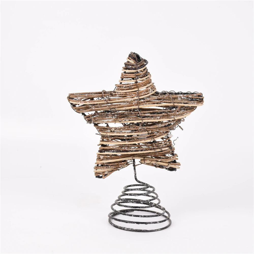 GY BSCI Christmas Decoration Metal Wire Brown Hanging Rattan LED Lights Decorated Star Tree Topper