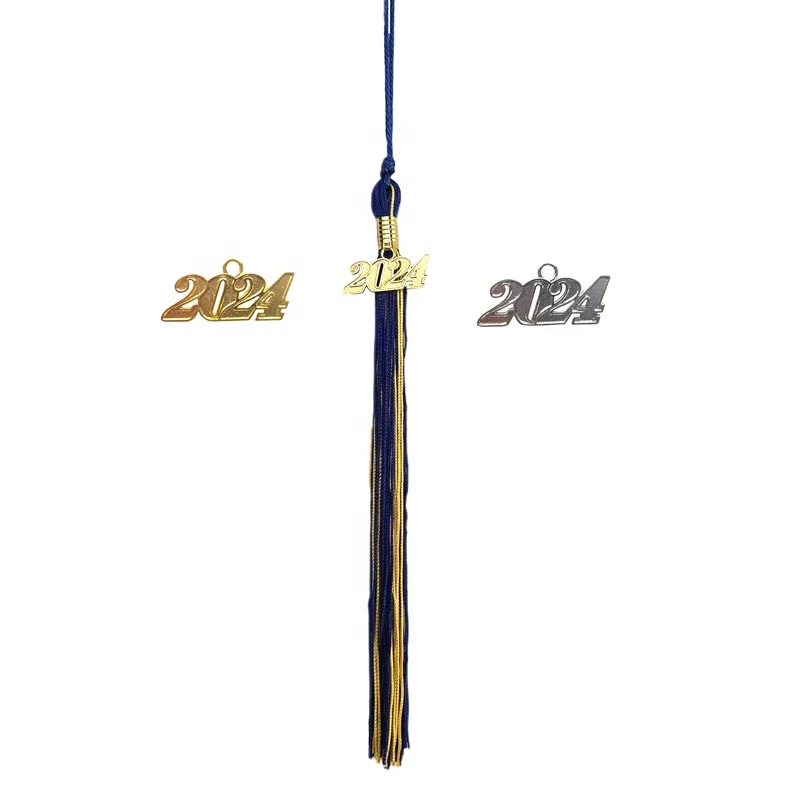 Royal blue/gold   two color Graduation gown Cap Tassel  with 2024 year charm graduation Tassels