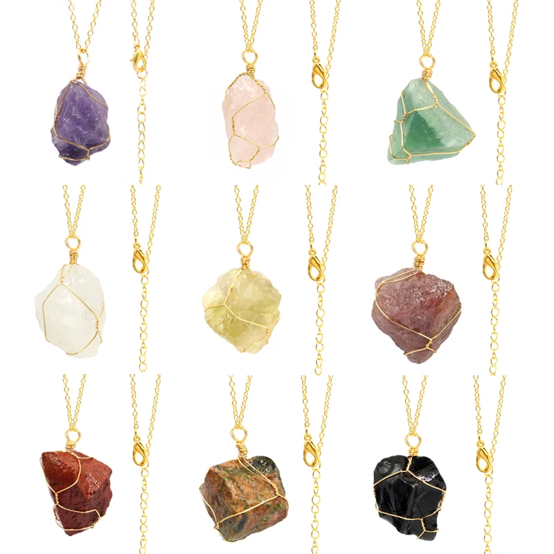 2021 Natural Raw Ore Stone Irregular Obsidian&Tiger Eye Crystal Necklace Amethyst Rose Quartz Pendant Necklace for Women