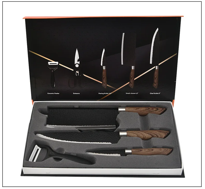 5 pcs Kitchen Chef Kknife Sets Hollow Handle Professional Kitchen Knife Chef Set Hammer Pits Black Coating Blade Knife Set