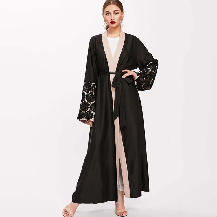 Traditional Muslim Clothing Front Open Black Abaya Arab Dubai Kaftan Abaya Women Polyester Adults Middle East Support Eid Abaya