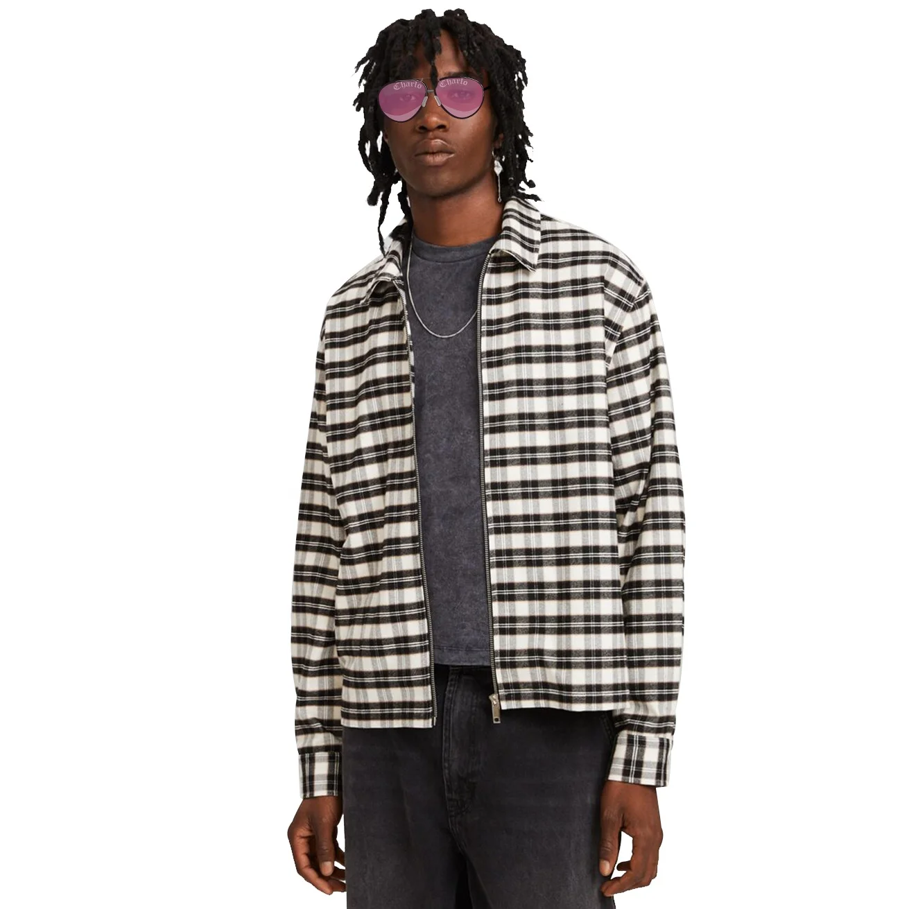 China Factory luxury Flannel plaid Shirts Custom Logo heavyweight  Men Wear zip up Flannel checks shirt for men