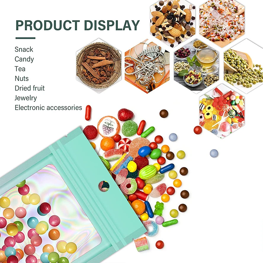 100pcs Gradient Green Pink Holographic Ziplock Pouch PS Flat Self Seal Mylar Bag with Clear Front Window Aluminum Foil Pouch
