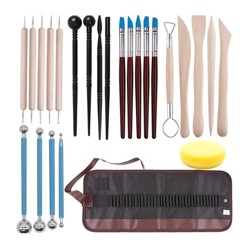 Hot selling ceramic clay tools 25 pcs pottery tools clay sculpting tool set with canvas bag