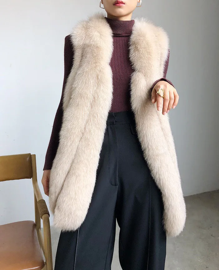 Soft and Bushy Genuine Fox Fur Vest for Women Fashionable Long Winter Warm Waistcoat Gilet