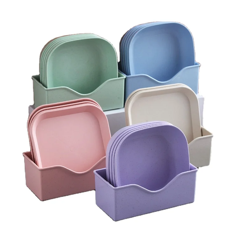 Wheat Straw Plate Set Can Be Reused 5 Pieces Plus 1 Plate Holder Suitable for Salads Desserts Appetizers Fruits Snacks Bread