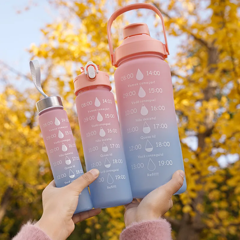 Straw Plastic Sports 2000ml Gradient 3pcs Set Water Bottle  With Time Marker With Straw