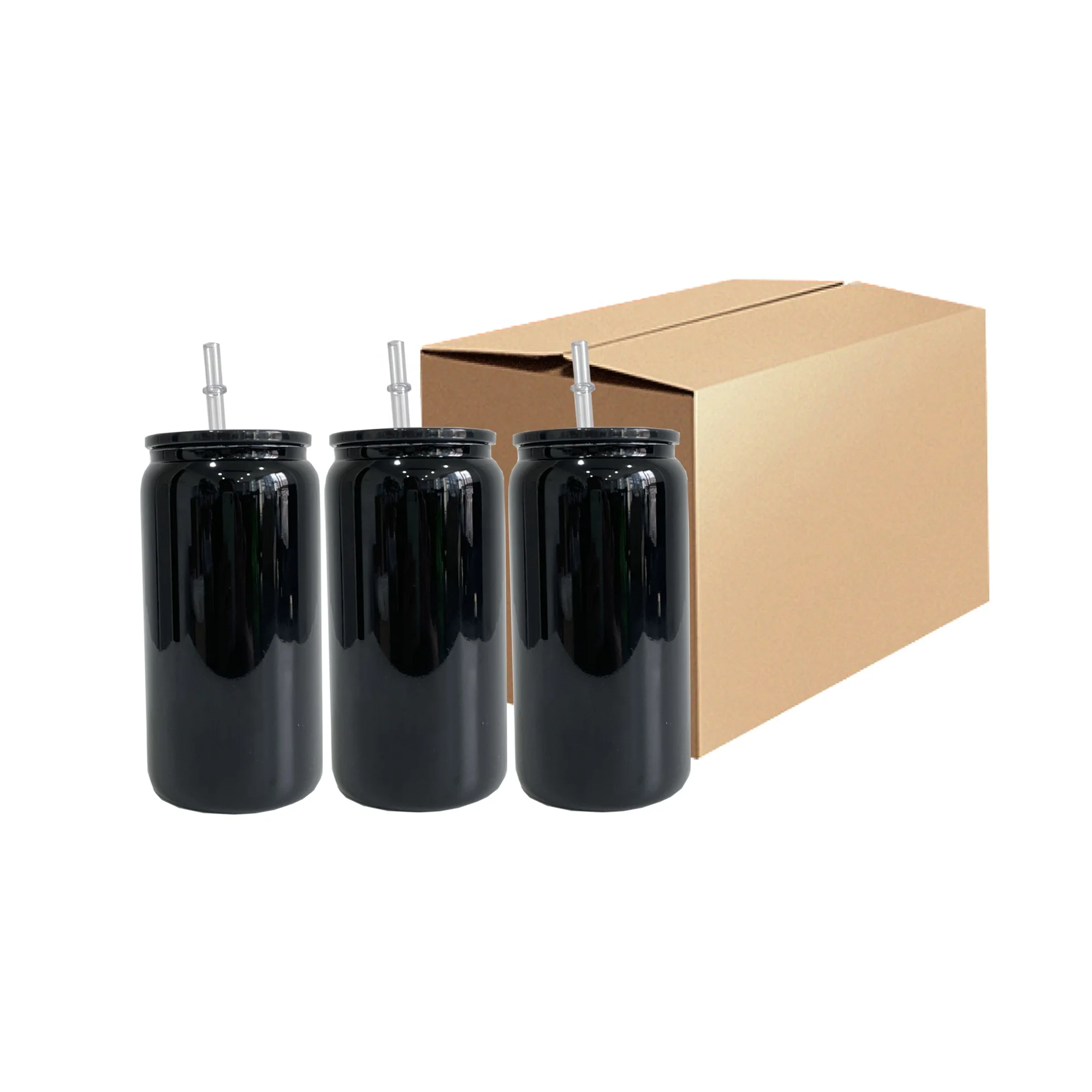 USA Warehouse Solid Glossy Black Borosilicate 16oz Black Beer Glass Can Glass Soda Can For UV DTF Wraps Vinyl With Plastic Lid