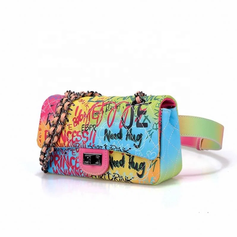 Handbags Purses Women Wholesale Fashion Fanny Pack Waist Bag New High Quality PU Leather Graffiti Luxury Rainbow Sports Belt Bag