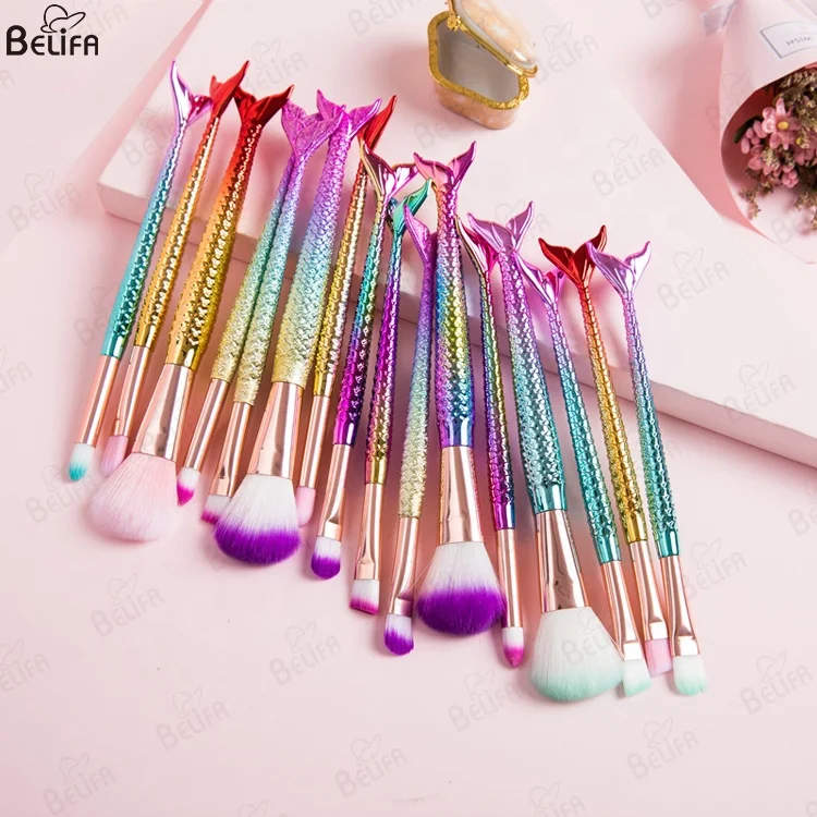 High quality Personalized beauty custom 4pcs Synthetic Hair New Gradient Mermaid Shaped makeup brush set
