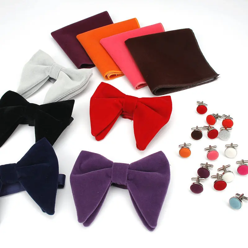 Big Bowties Men Wedding Large Oversize Velvet Bow Ties Pocket Square Cufflinks Tie Sets For Men