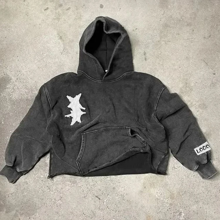 Clothing Manufacturers Custom Private Label Cropped Heavyweight Vintage Distressed Embroidery Patch Acid Wash Hoodies for Men