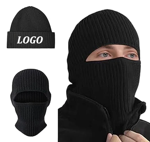 Custom Logo 2 in 1 Black Balaclava Ski Mask Winter Warm Face Cover Cycling Balaclava and Beanie Hats for Men