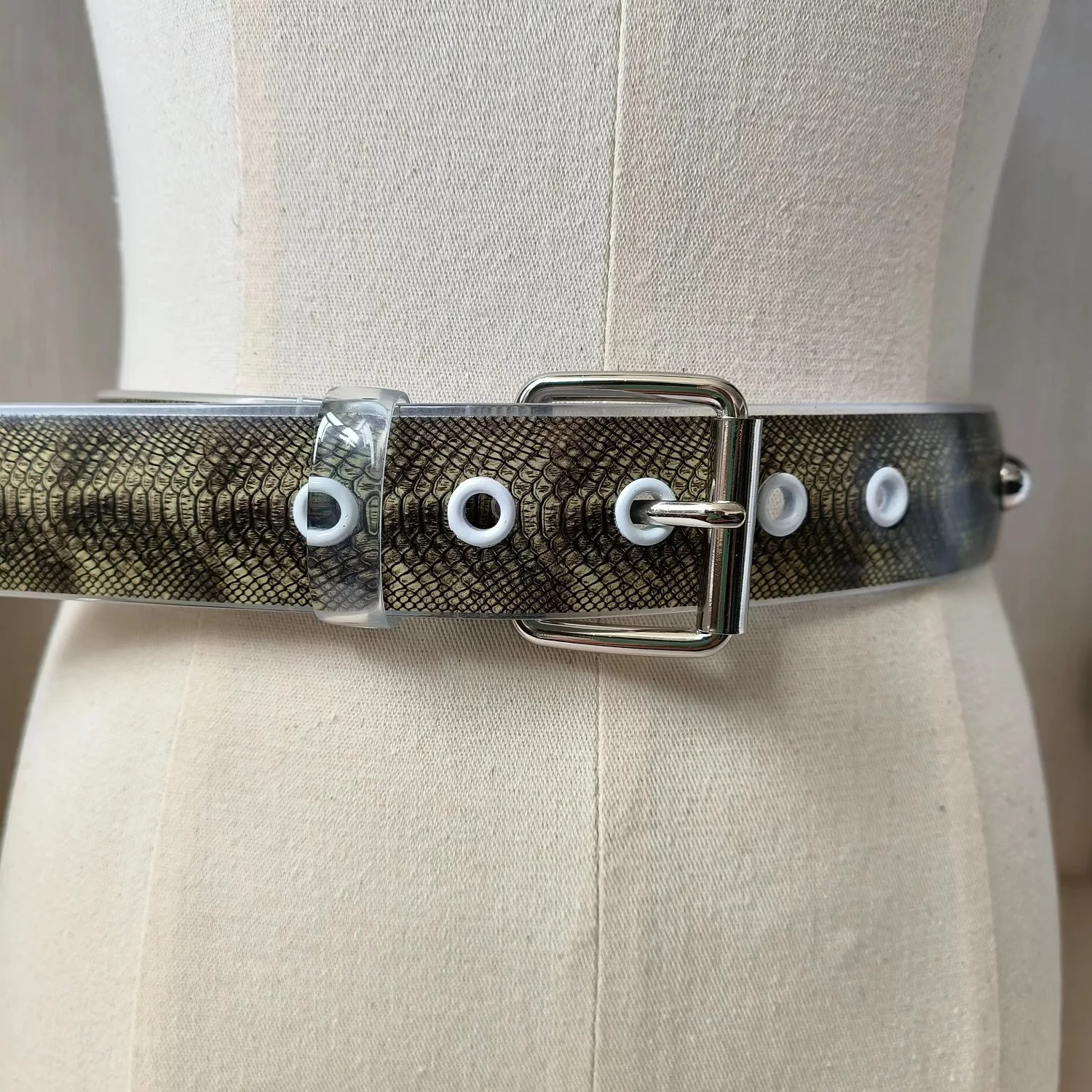 Fashion Transparent Women Belt for Jeans & Dresses Snake Pattern Digital Printing With Studs Classic Metal Buckle