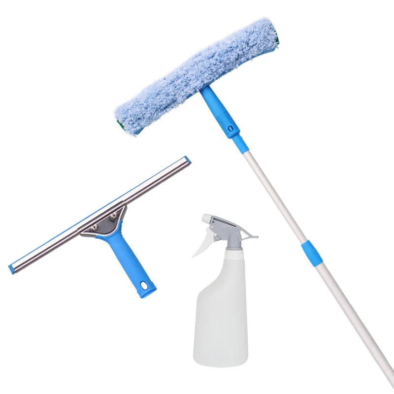 Top quality industrial window cleaner stainless steel window squeegee and microfiber scrubber combo with extension pole
