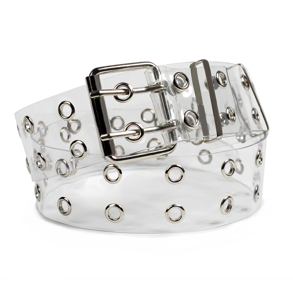 Custom PVC Woman Designer Belt Clear Belt Fashion Chic Double Eyelets Grommet Western Belts Transparent Buckle