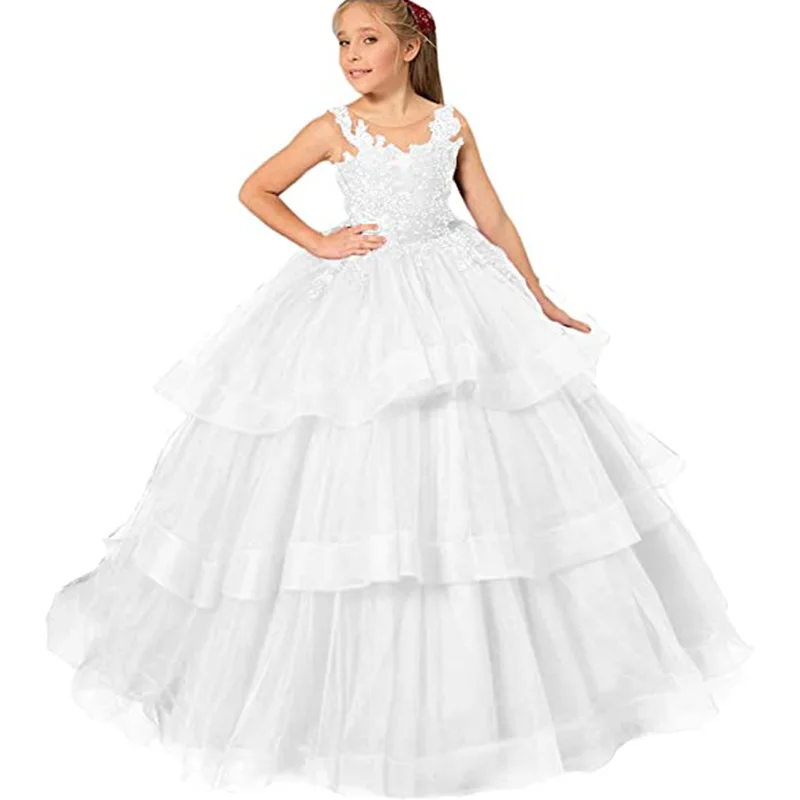Backless Flower Girl Party Dress Customized Puffy Ball Gown Elegant Kids Wedding Dresses with Applique Tulle Fabric Sleeveless