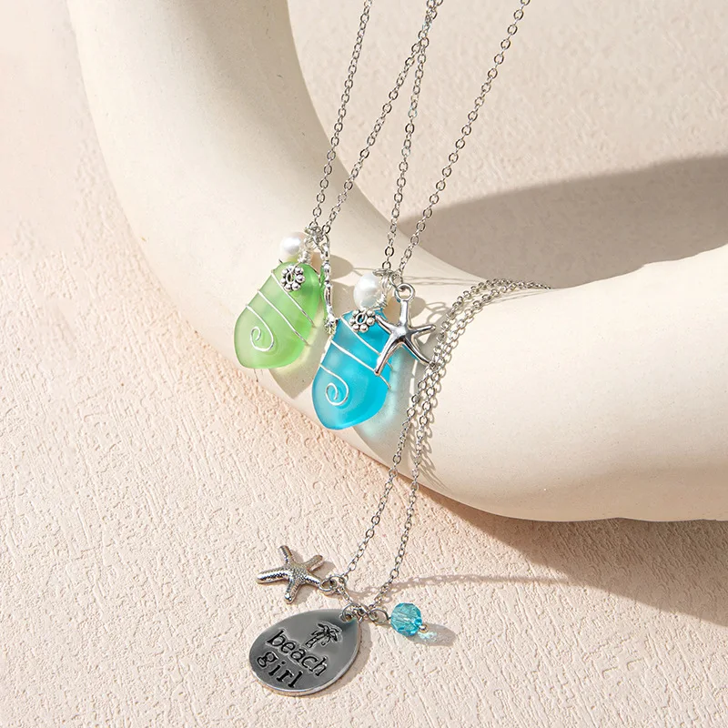 Beach Ocean Style Sea Horse Starfish Dolphin Turtle Shell Alloy Pendant Pearl Necklace Jewelry Colorful Sea Glass Necklace