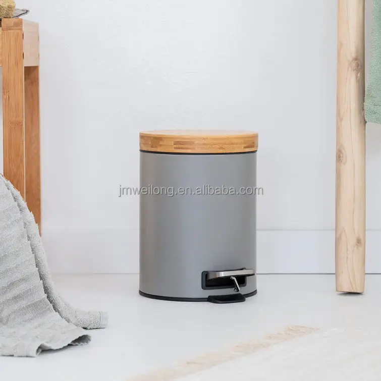 Home 3L Pedal Bin With Bamboo Lid & Pedal Metal Trash Can Garbage Bin Kitchen Toilet Washing Room