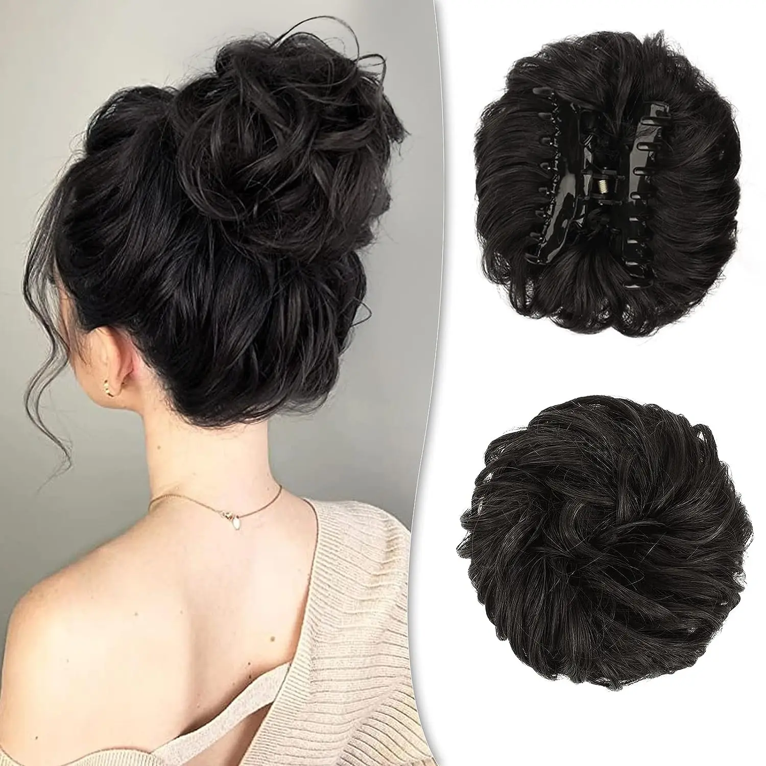 FUJIA Messy Buns Hair Extensions Claw Clip Chignons Wavy Curly High Temperature Fiber Bun Clip in Claw Hair Pieces