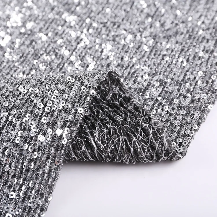 Polyester stretch lurex pleter glitter 3mm silver sequin fabric for club dress S-10358