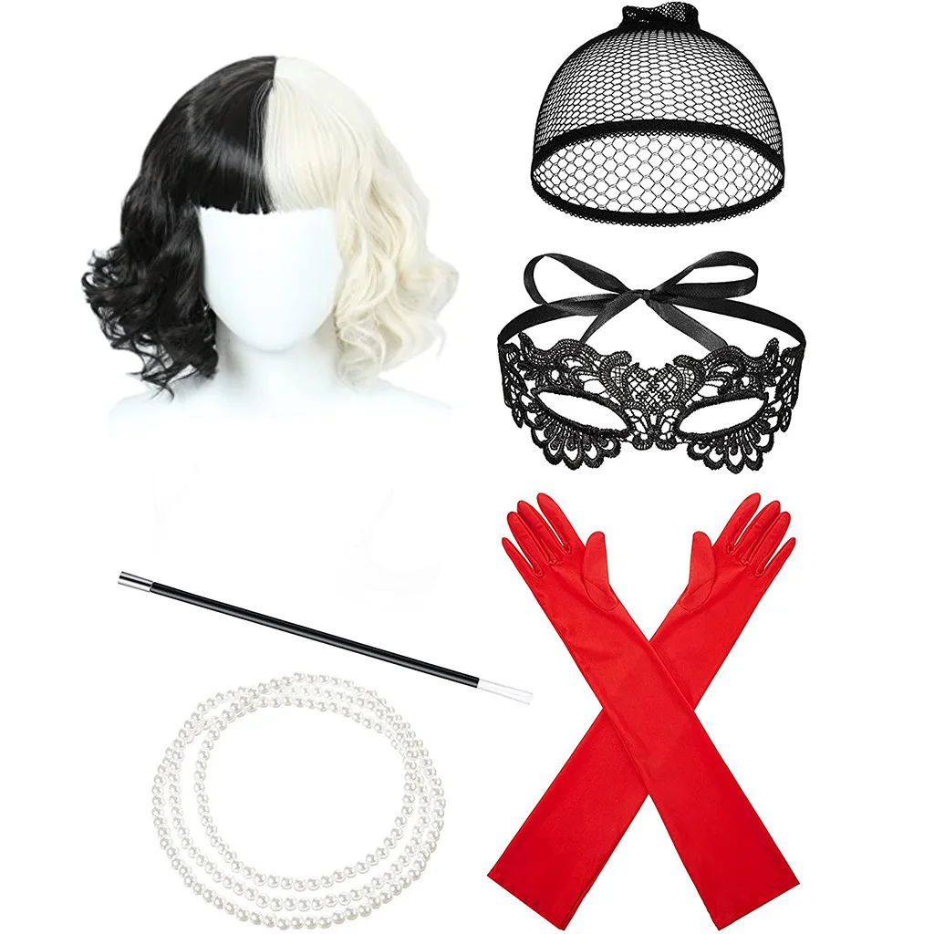 RUI YI Black and white witch Cruella wig cigarette stick necklace set 101 Dog Estella costume
