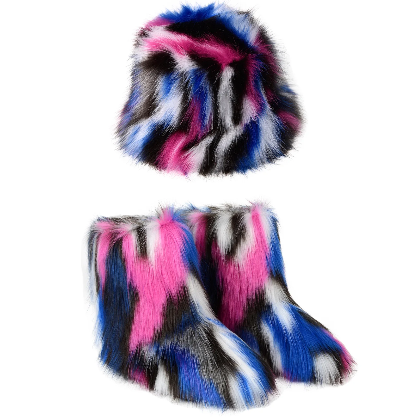 Winter new Europe American fashion women plush snow boots and hat two piece set Colorful Fur Bucket Hat Warm Fur ankle Boots