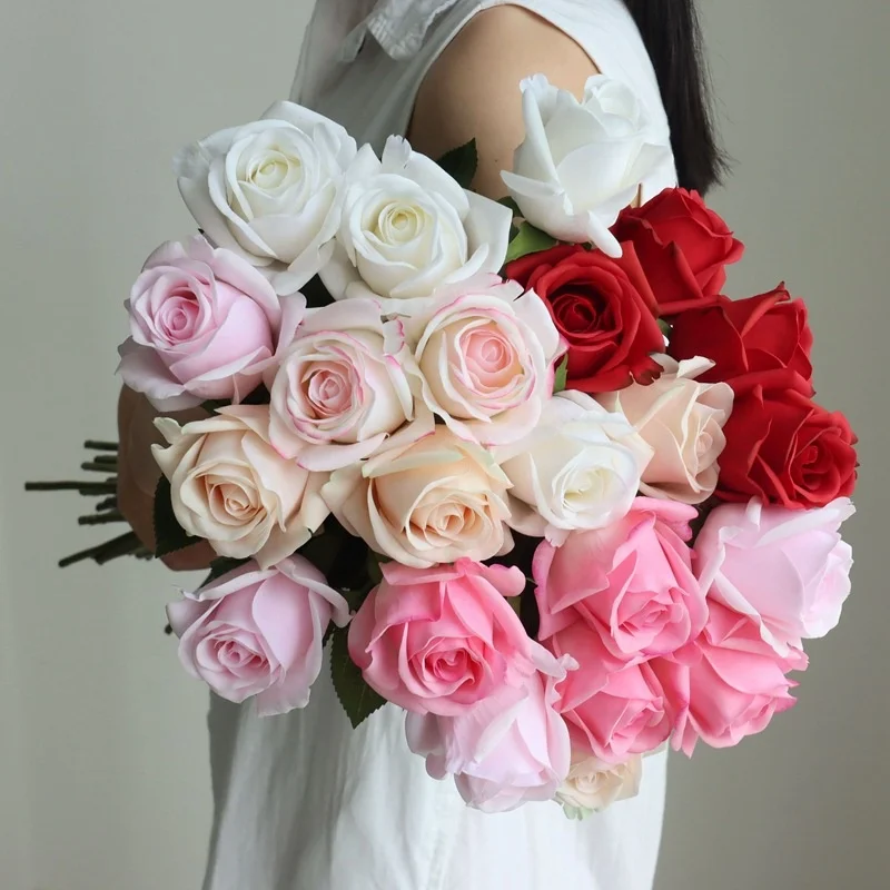 KEWEI 069 High Quality Artificial Cream Real Touch Rose Bud Light Pink Latex Roses Flower Stem for Decoration