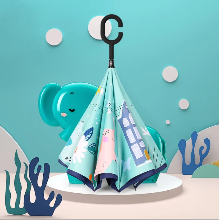 Children kids Cute Upside-down Double Layer Windproof C Type Handle inverted Umbrellas Creative Kids Cartoon Animal Reverse Umbr